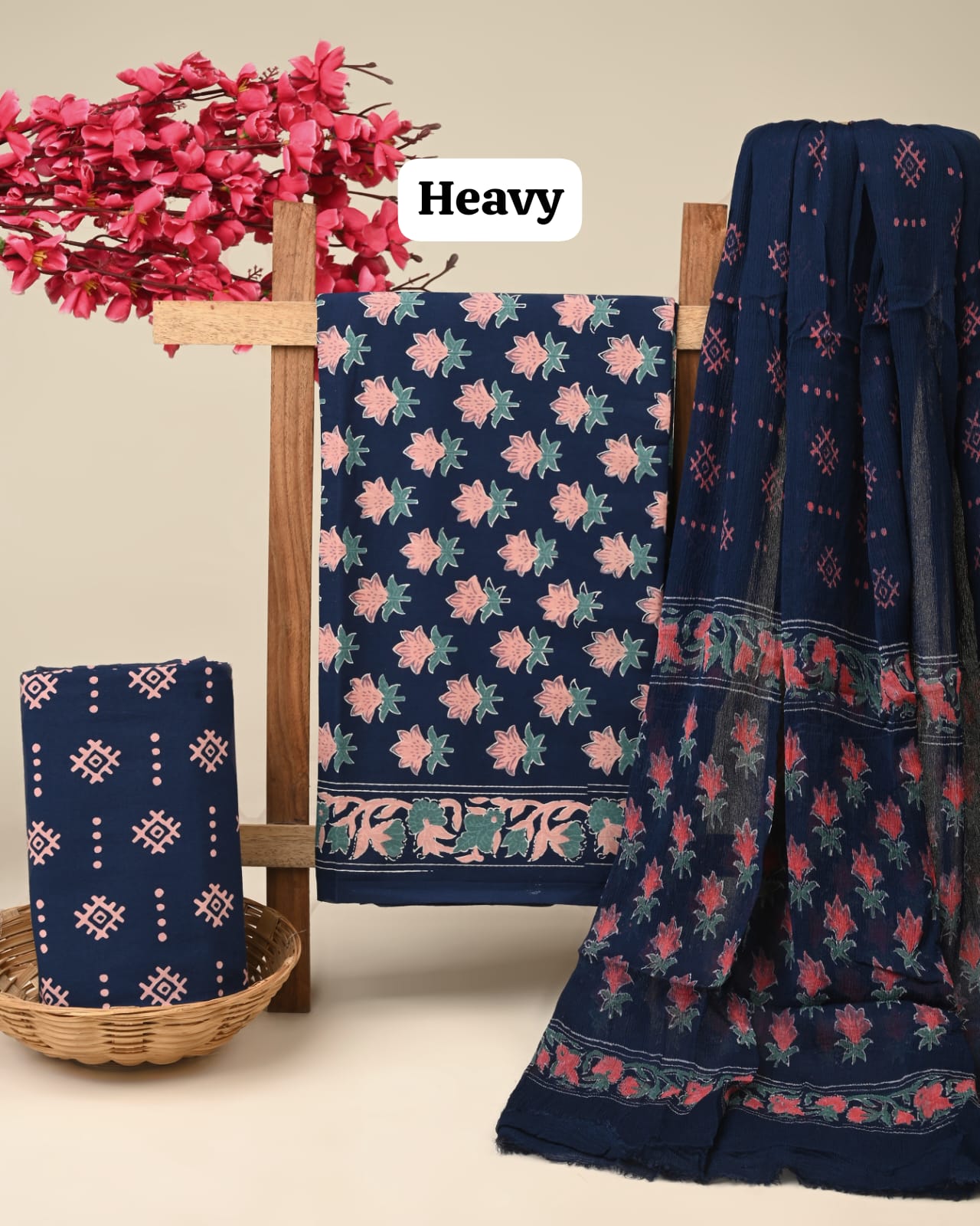 dark blue butti handblock printed cotton dress material with chiffon dupatta wholesale India cotton fabric sourcing Fabtexs